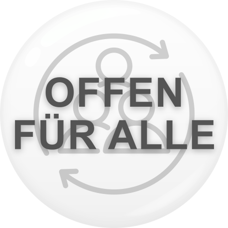 Kreisförmiger Button mit der Aufschrift "Offen für alle".