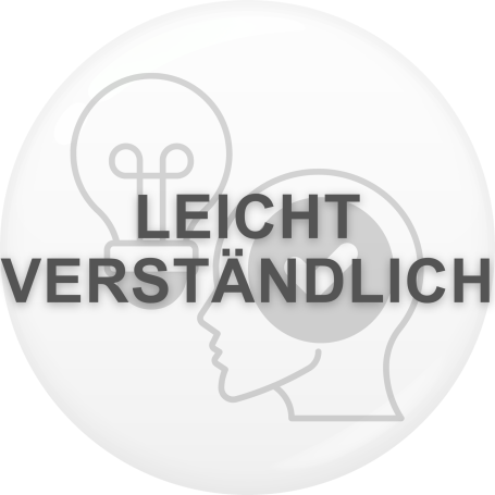Symbol mit einer Glühbirne über einem Kopf und dem Text "Leicht verständlich".