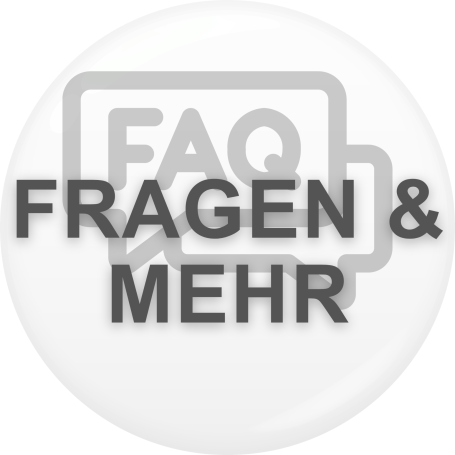 Grauer Button mit den Worten "FAQ" und "Fragen & Mehr" in großen Buchstaben.