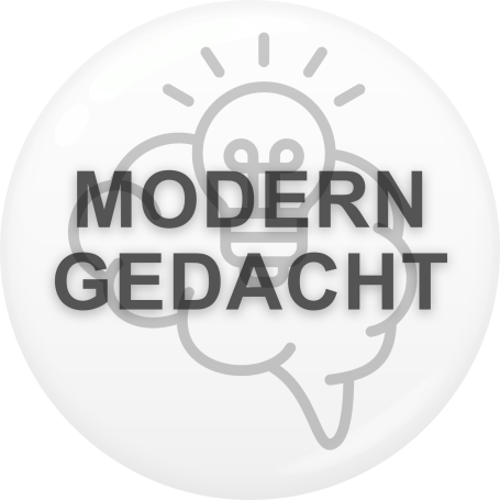 Runder Button mit der Aufschrift "MODERN GEDACHT" und einer stilisierten Glühbirne.